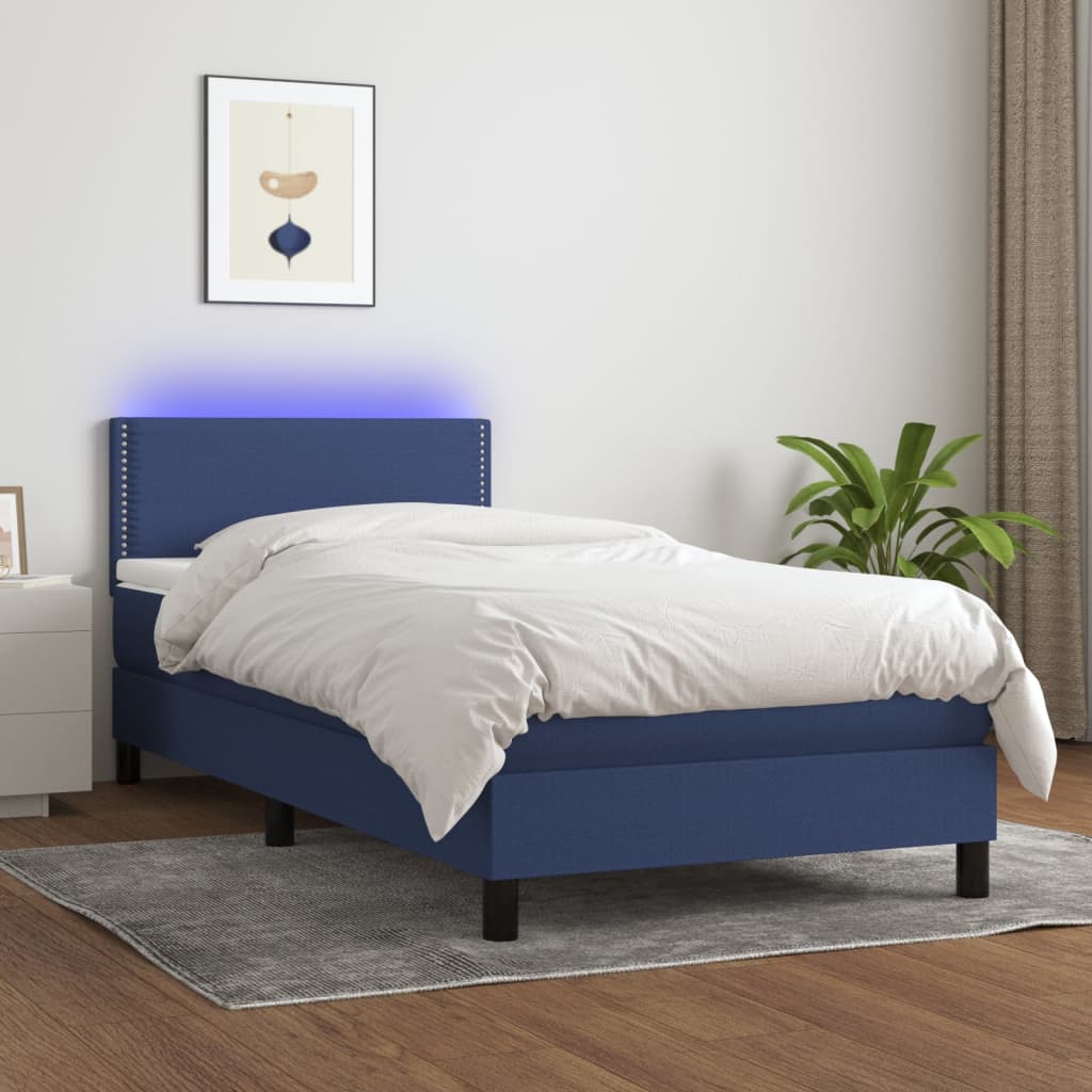 Sommier tapissier avec matelas et LED Bleu 90x200 cm Tissu