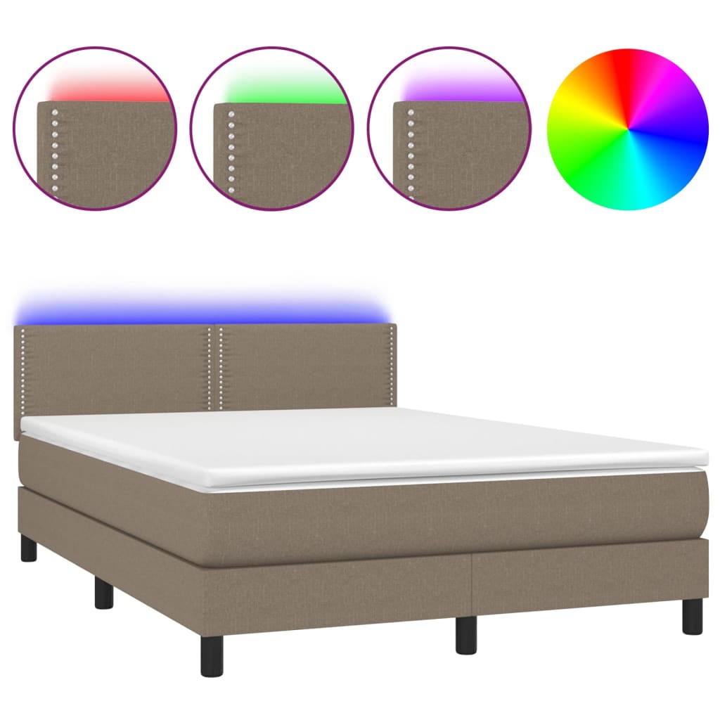 vidaXL Box spring postelja z vzmetnico LED taupe 140x190 cm blago