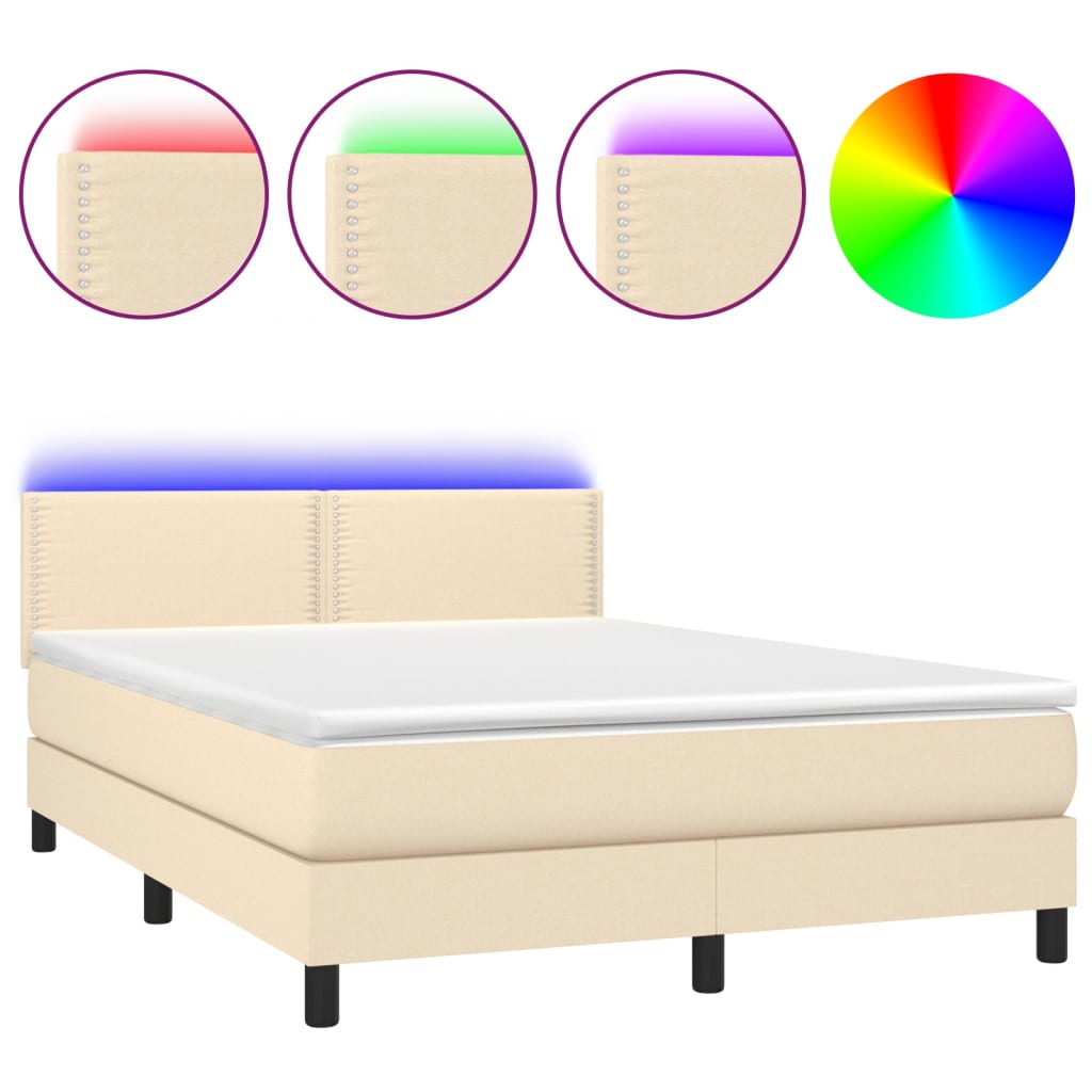 vidaXL Box spring postel s matrací a LED krémová 140x190 cm textil