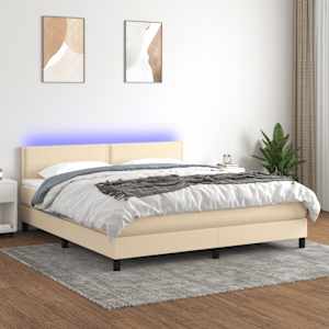 Box spring postel s matrací a LED krémová 180x200 cm textil - obrázek 1