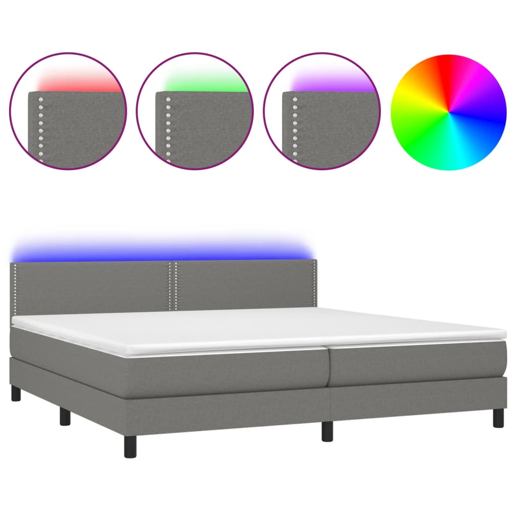 vidaXL Box spring postelja z vzmetnico LED temno siva 200x200 cm blago