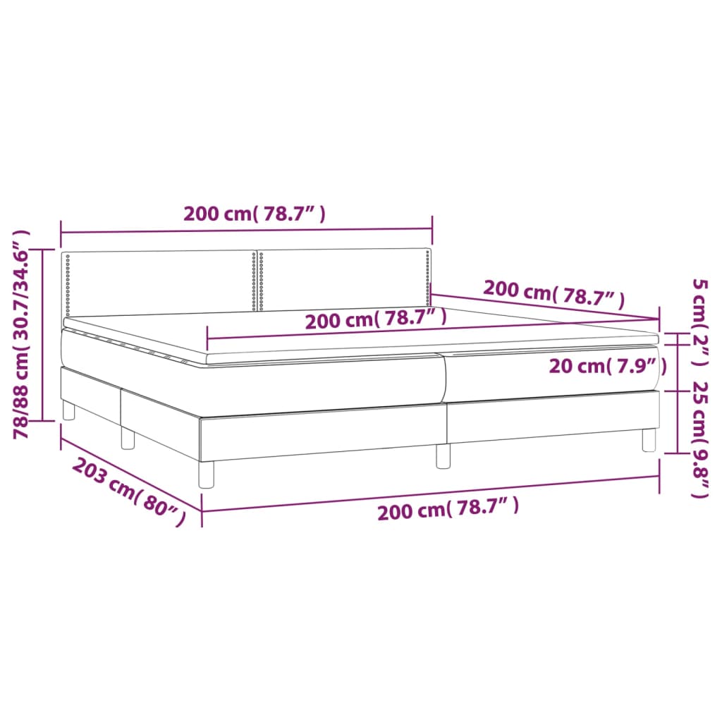 Łóżko kontynentalne z materacem i diodami LED, 203x200x78/88 cm, ciemnoszary