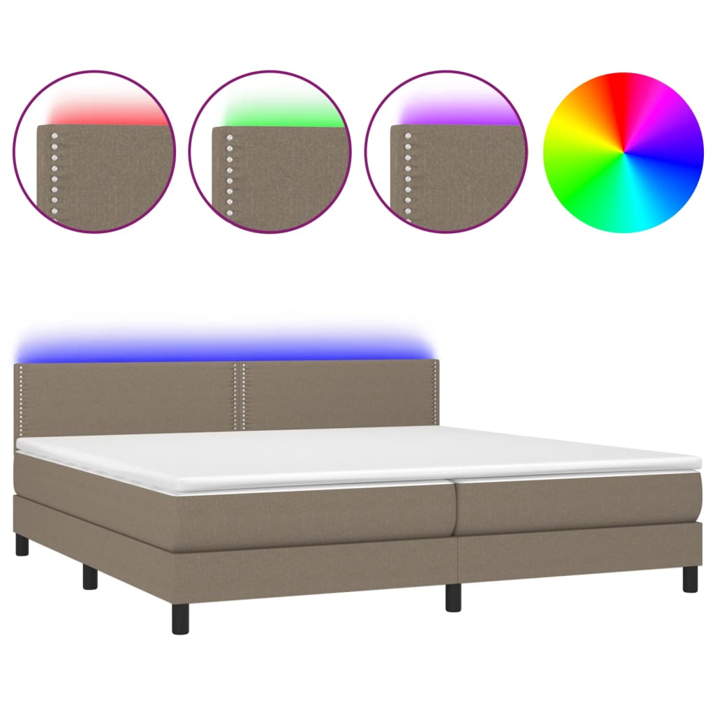 vidaXL Box spring postelja z vzmetnico LED taupe 200x200 cm blago