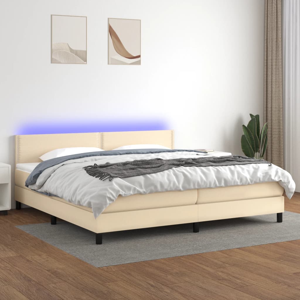 Box spring postel s matrací a LED krémová 200x200 cm textil