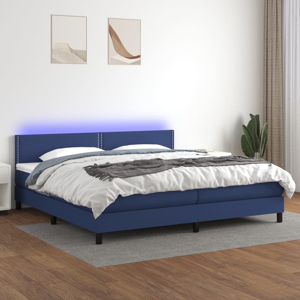 Box spring postelja z vzmetnico LED modra 200x200 cm blago