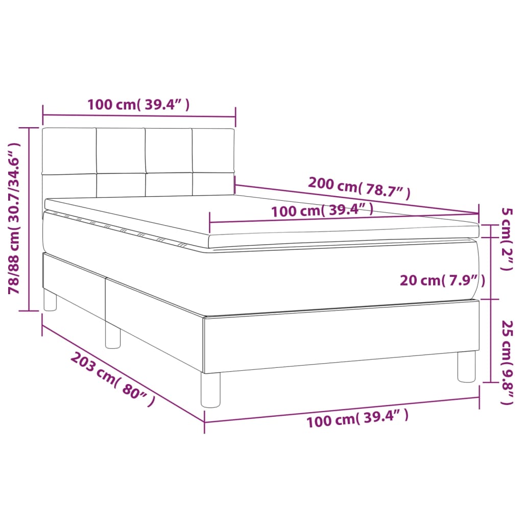 Box spring postel s matrací a LED tmavě šedá 100x200 cm textil