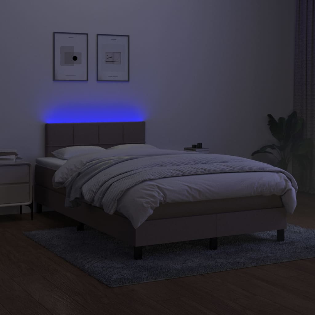 Krevet box spring s madracem LED smeđesivi 120 x 200 cm tkanina