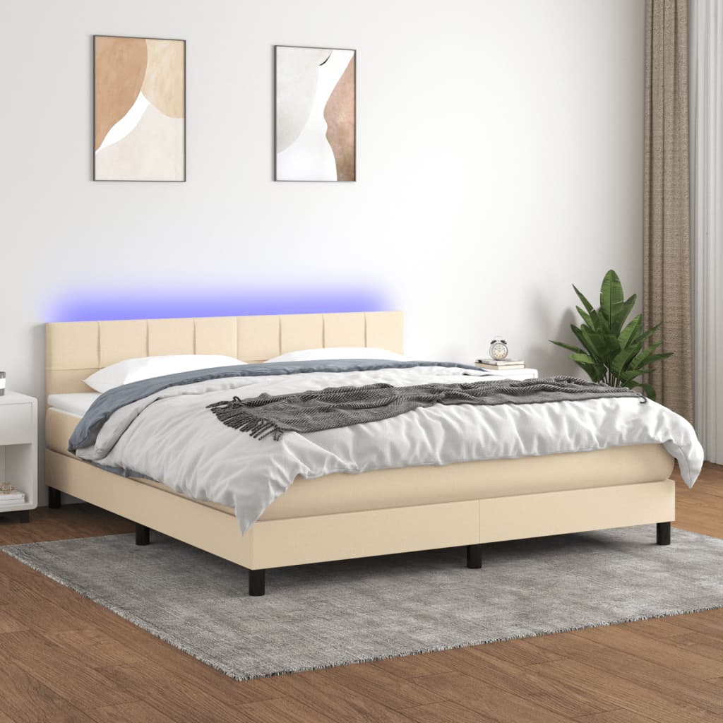 Box spring postel s matrací a LED krémová 160x200 cm textil