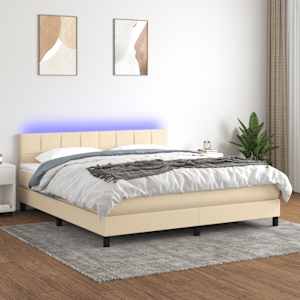 Box spring postelja z vzmetnico LED krem 180x200 cm blago