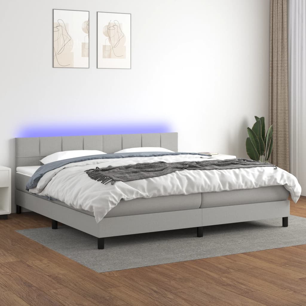 vidaXL Boxspringbett mit Matratze & LED Hellgrau 200x200 cm Stoff