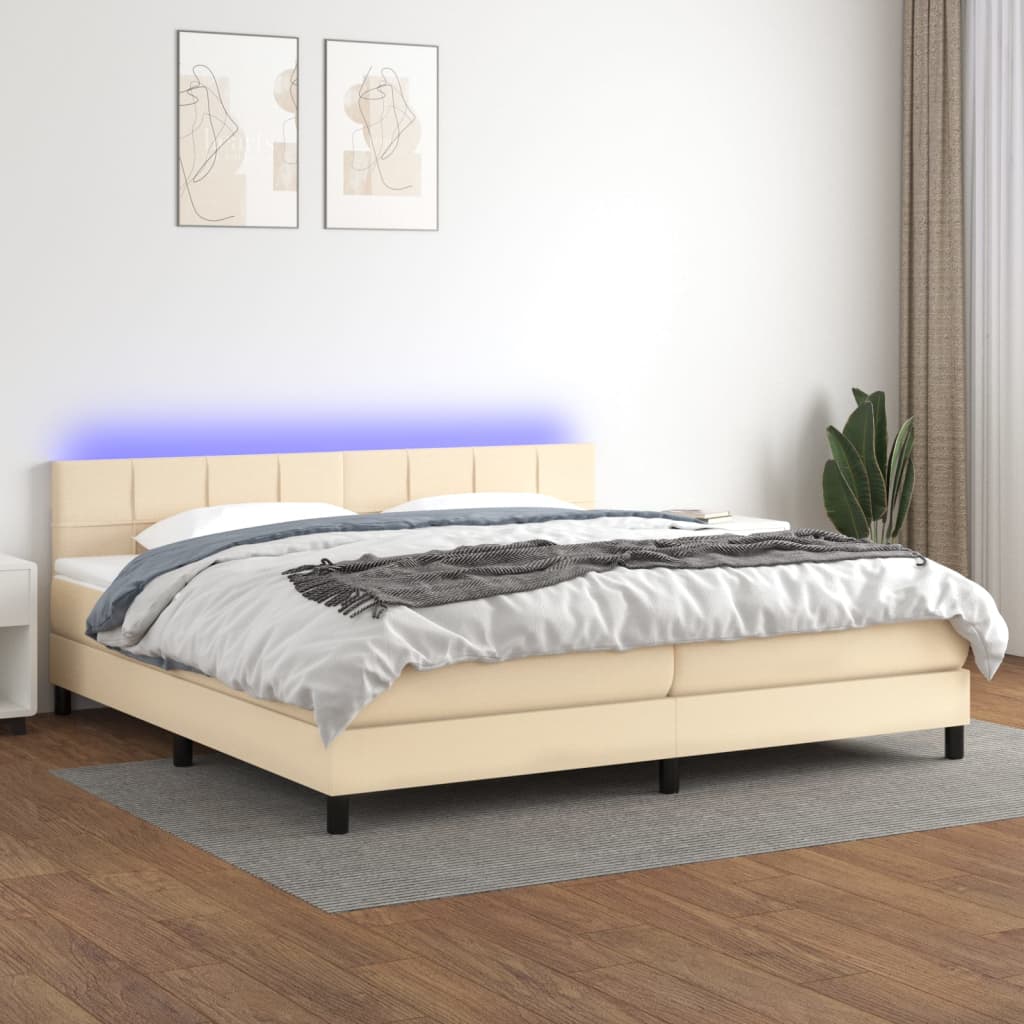 Box spring postel s matrací a LED krémová 200x200 cm textil