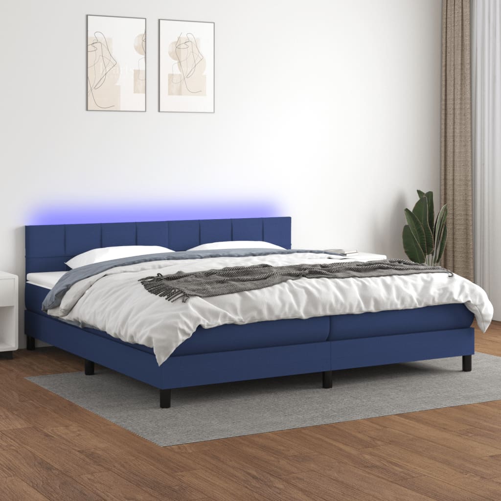 Sommier tapissier et matelas et LED Bleu 200x200 cm Tissu