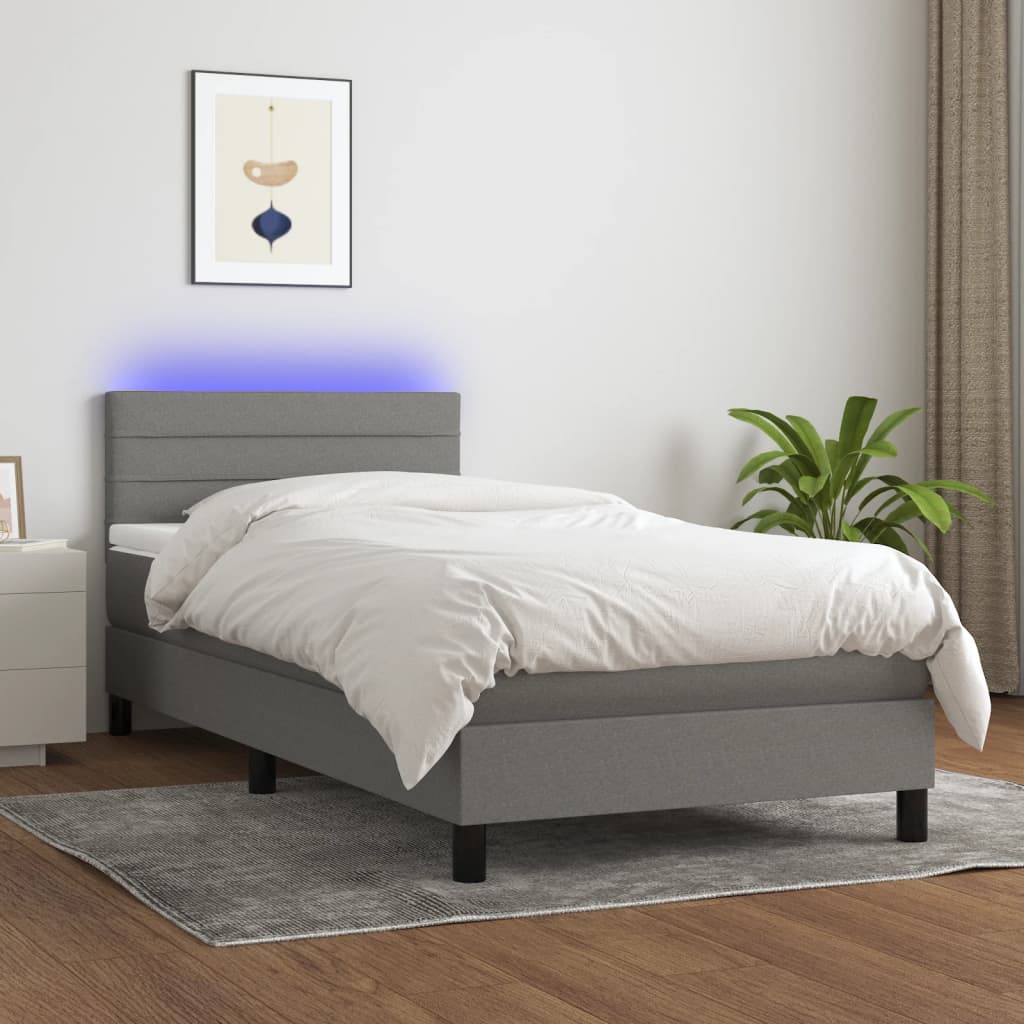 vida XL Boxspringbett mit Matratze & LED Dunkelgrau 90x 190 cm Stoff