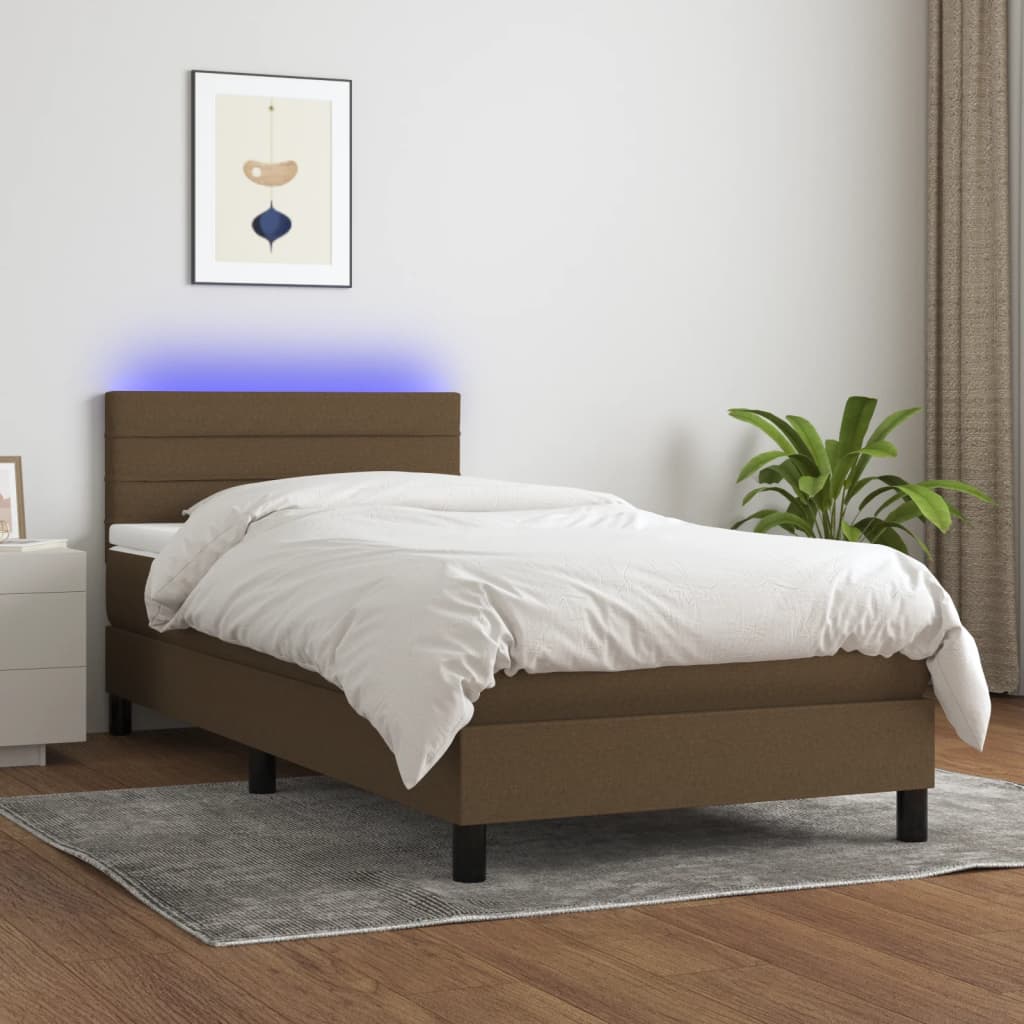 Box spring postelja z vzmetnico LED temno rjava 90x190 cm blago