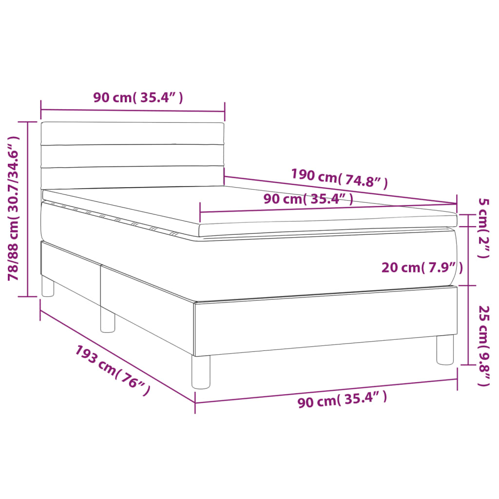 Krevet box spring s madracem LED smeđesivi 90x190 cm tkanina