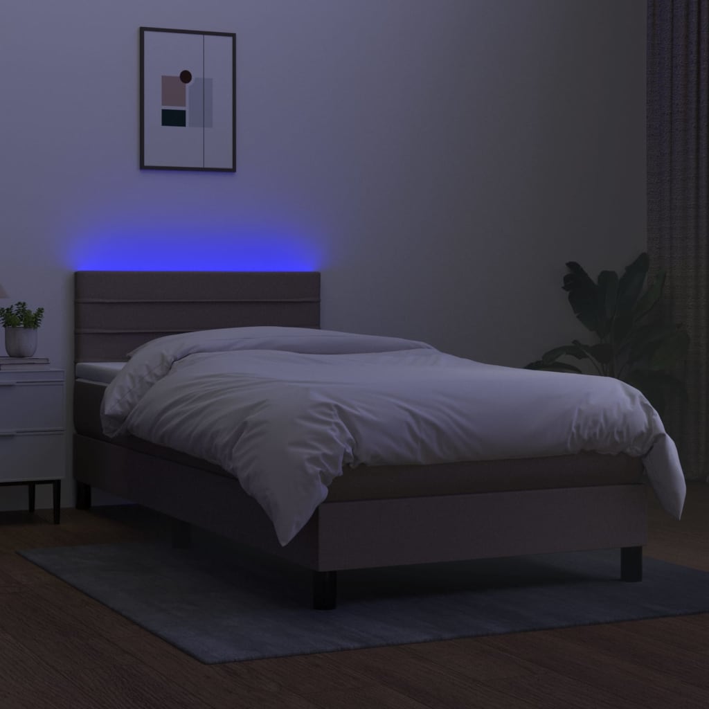 Krevet box spring s madracem LED smeđesivi 100x200 cm tkanina