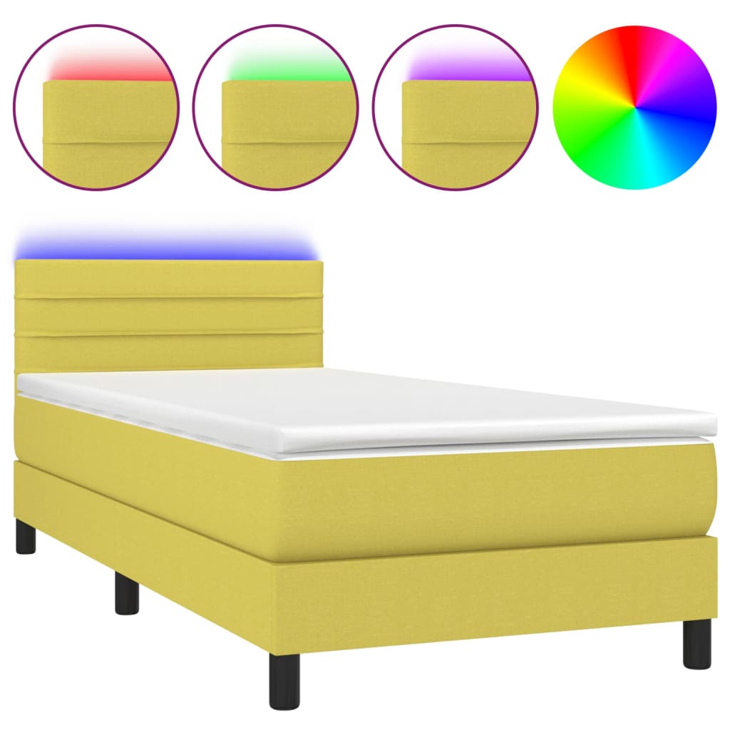 Pat cu arcuri, saltea și LED, verde, 100x200 cm, textil