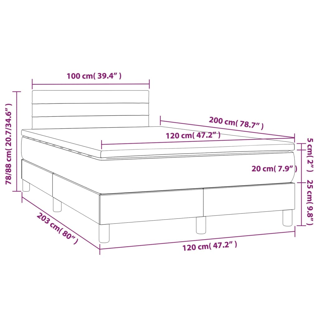 Box spring postelja z vzmetnico LED sv. siva 120x200 cm blago