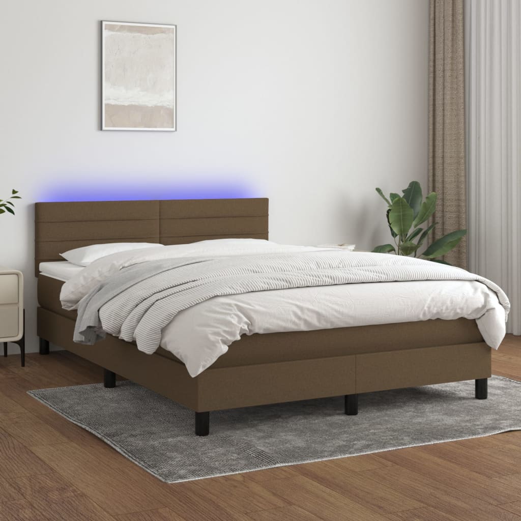 Box spring postelja z vzmetnico LED temno rjava 140x190cm blago