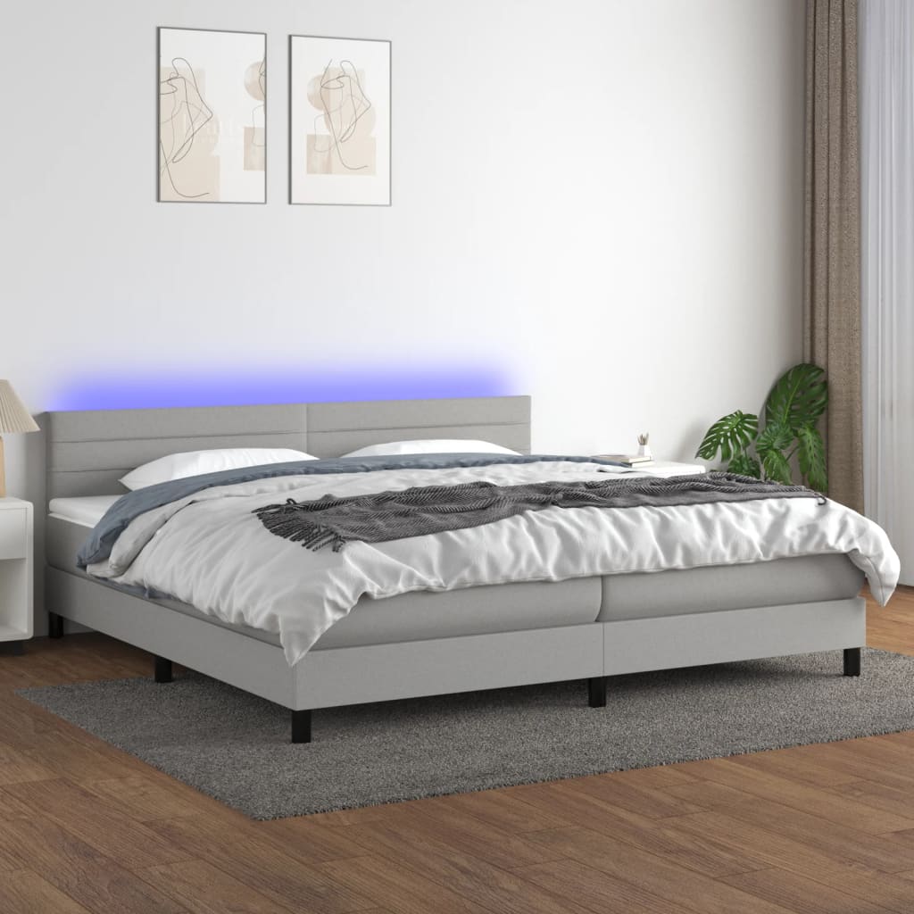 vidaXL Boxspringbett mit Matratze & LED Hellgrau 200x200 cm Stoff