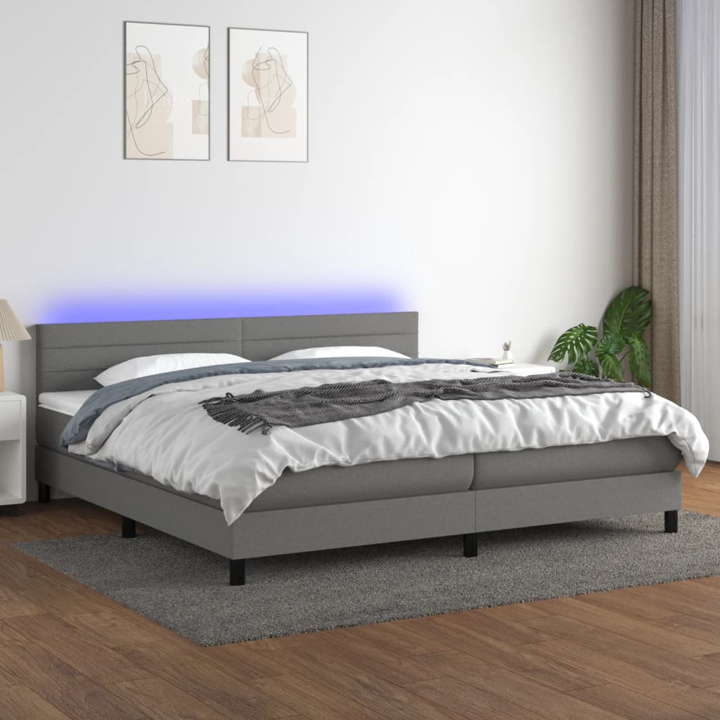 Box spring postel s matrací a LED tmavě šedá 200x200 cm textil