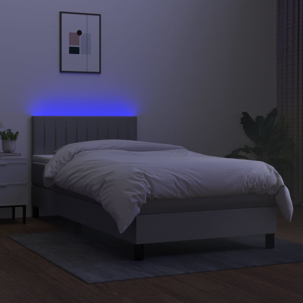 Box spring postelja z vzmetnico LED svetlo siva 80x200 cm blago