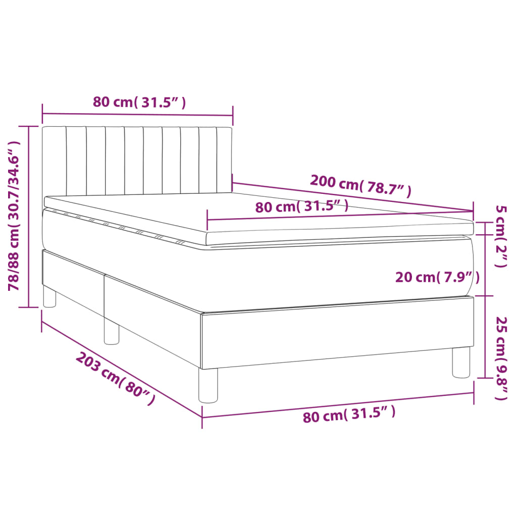 Box spring postelja z vzmetnico LED svetlo siva 80x200 cm blago