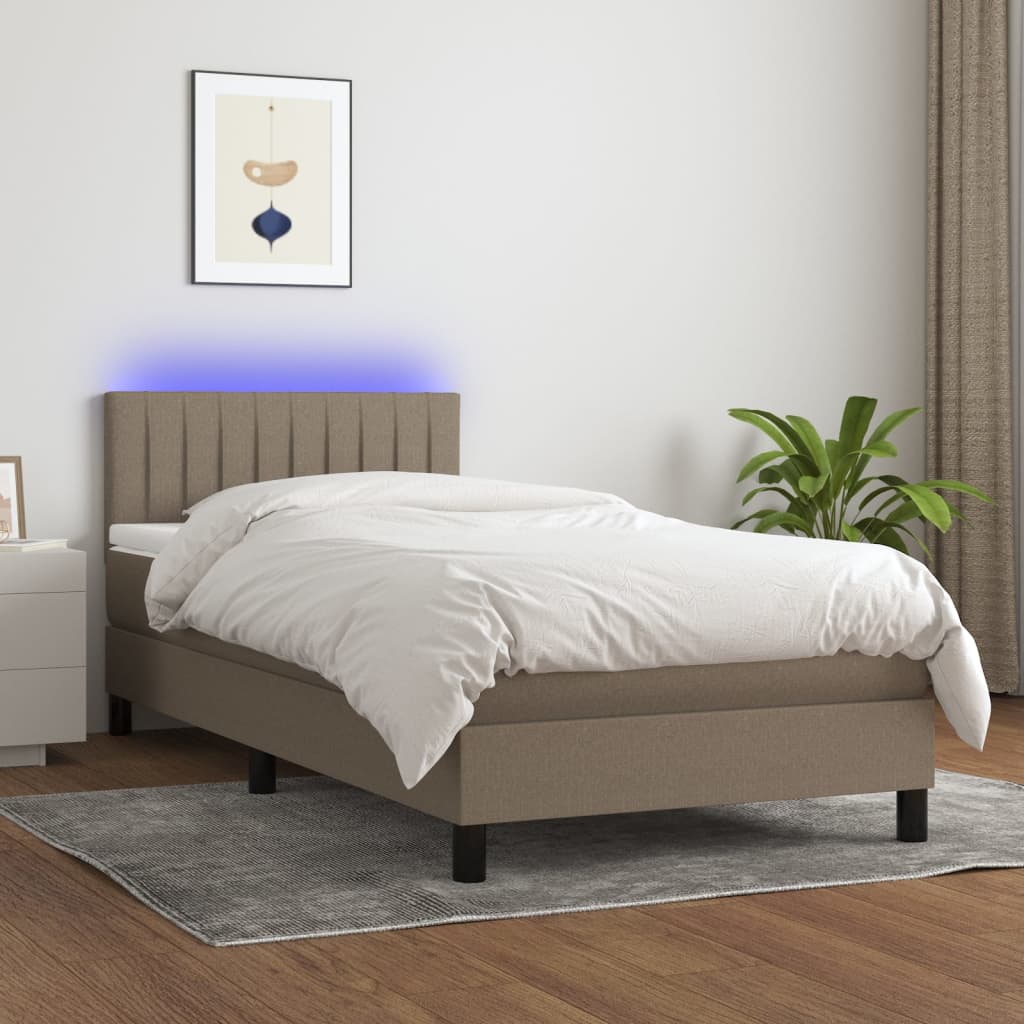 Krevet box spring s madracem LED smeđesivi 90x200 cm tkanina