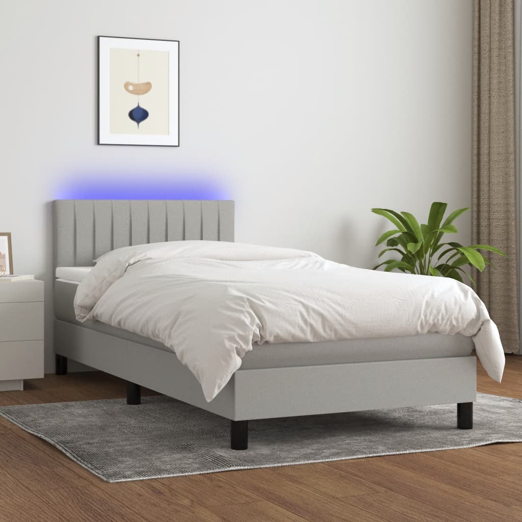 Krevet box spring s madracem LED svjetlosivi 100x200 cm tkanina