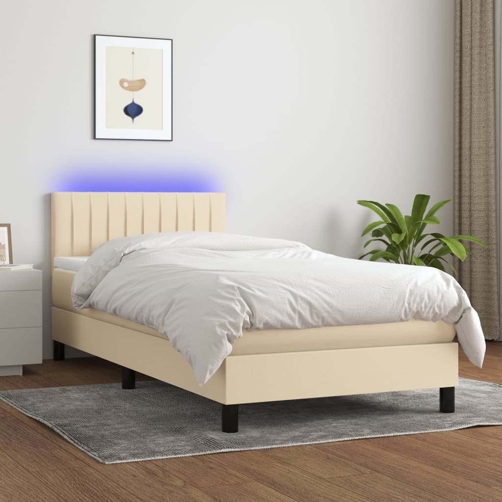 Box spring postel s matrací a LED krémová 100x200 cm textil