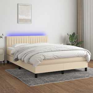 Box spring postelja z vzmetnico LED krem 140x200 cm blago