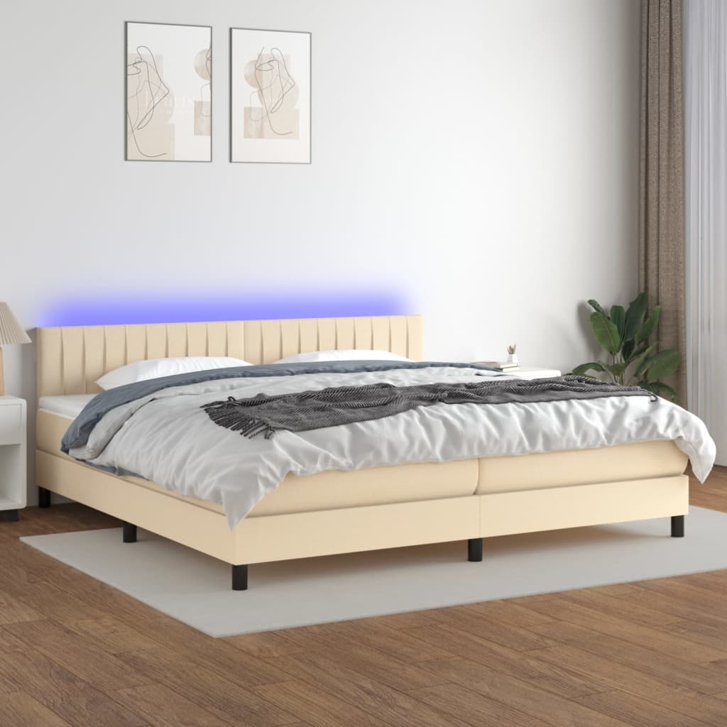 Box spring postel s matrací a LED krémová 200x200 cm textil