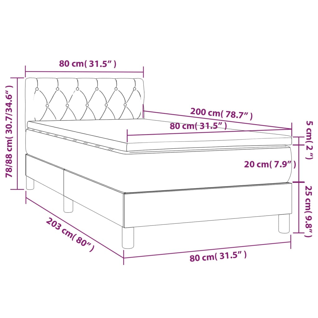 Łóżko kontynentalne z materacem i diodami LED - kremowy, 203x80x78/88 cm