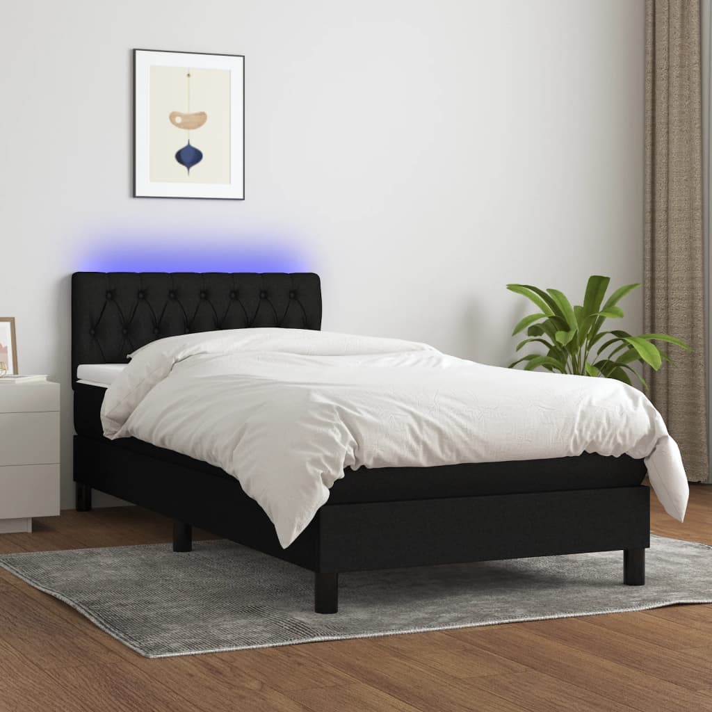 fekete szövet rugós és LED-es ágy matraccal 90x190 cm