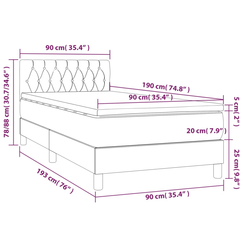 tópszínű szövet rugós és LED-es ágy matraccal 90x190 cm