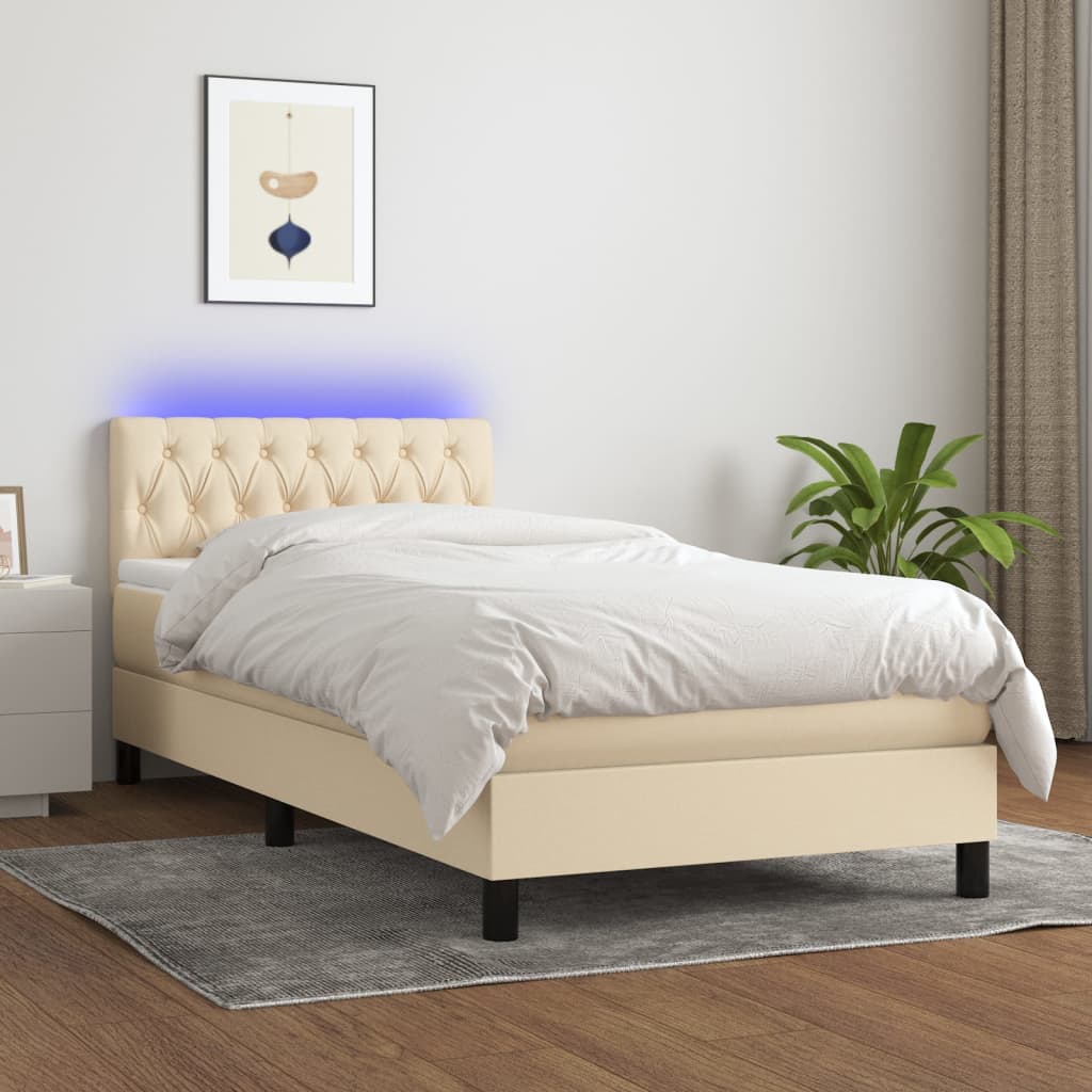 Box spring postel s matrací a LED krémová 90x190 cm textil