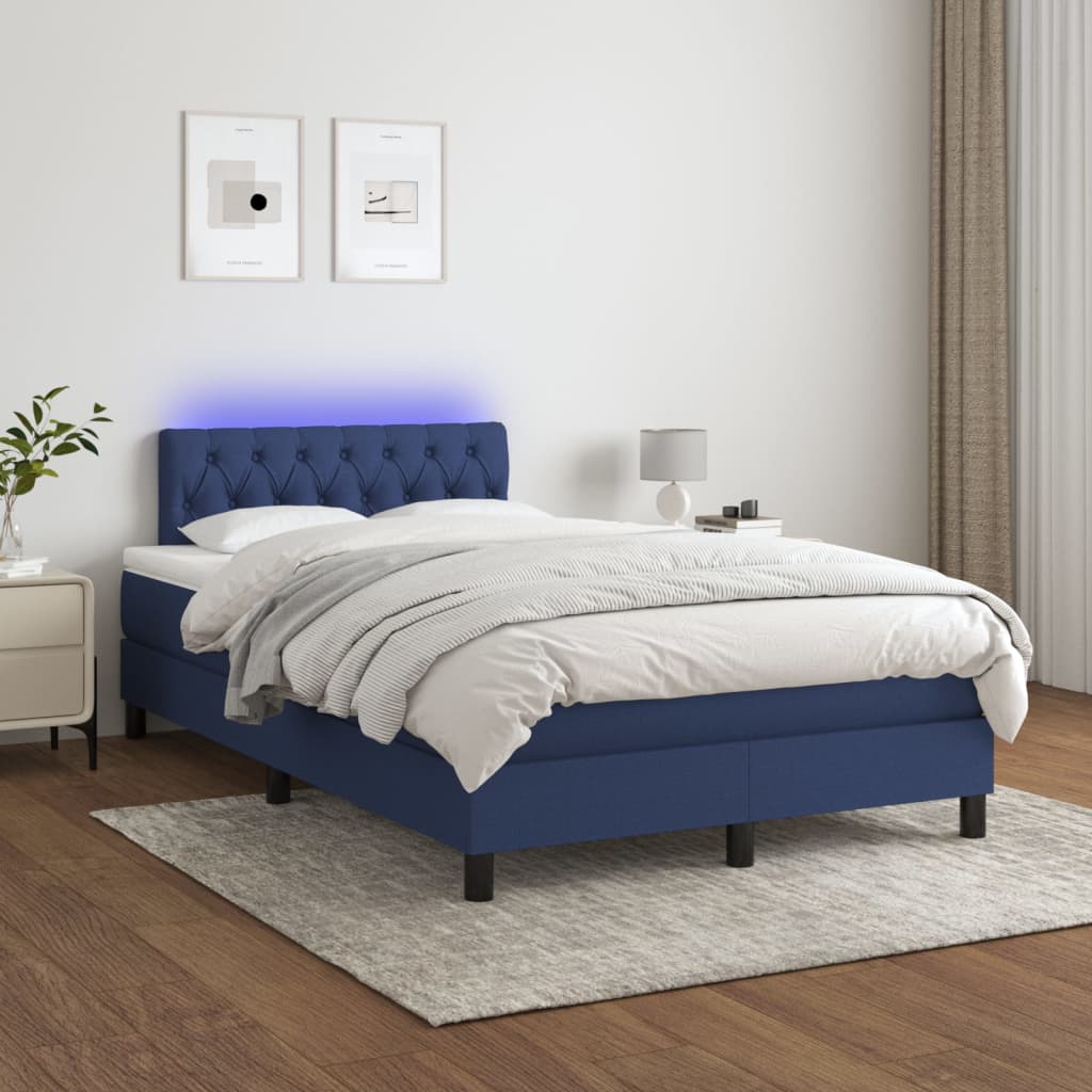 vidaXL Pat cu arcuri, saltea și LED, albastru, 120×200 cm, textil