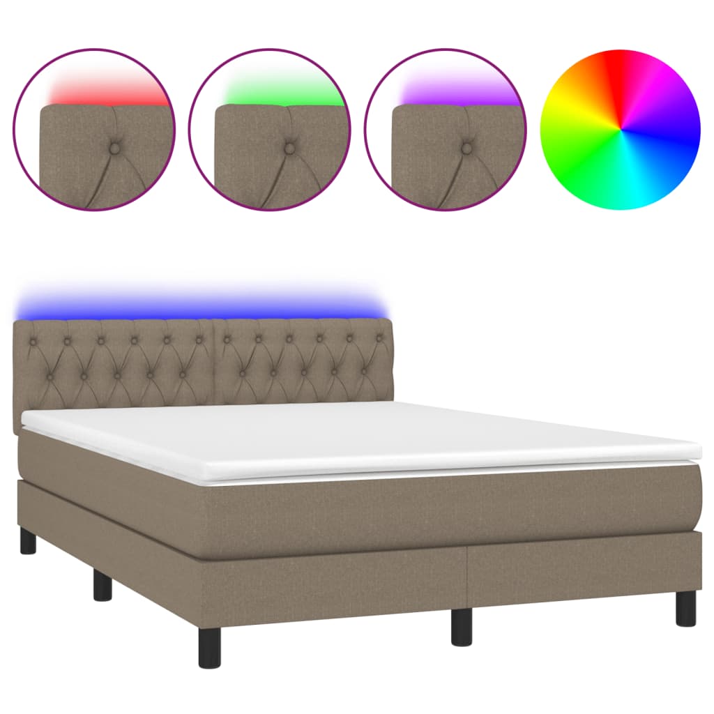 vidaXL Box spring postelja z vzmetnico LED taupe 140x190 cm blago