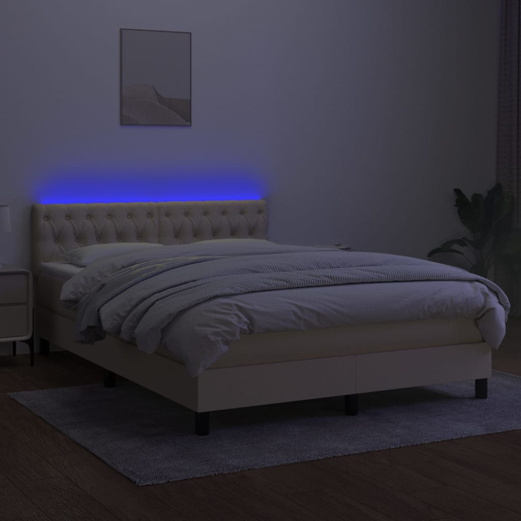 Box spring postelja z vzmetnico LED krem 140x190 cm blago