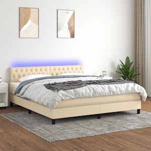 Box spring postelja z vzmetnico LED krem 160x200 cm blago