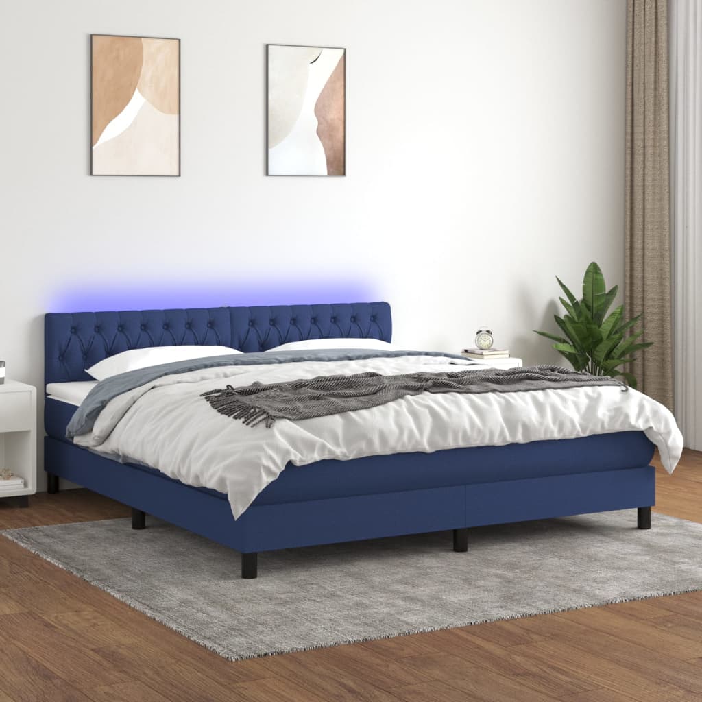 Box spring postel s matrací a LED modrá 180x200 cm textil