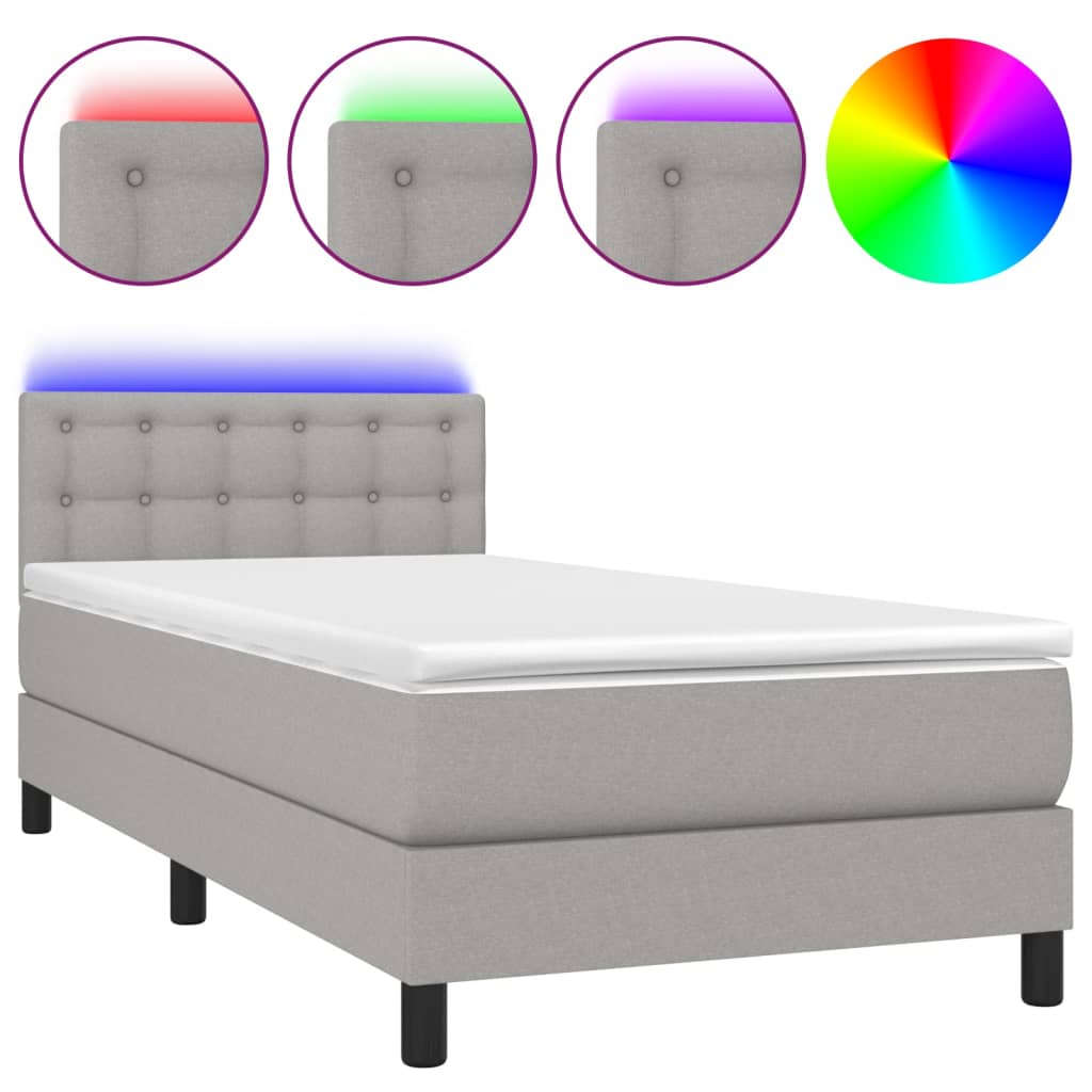 vidaXL Box spring postelja z vzmetnico LED svetlo siva 90x190 cm blago