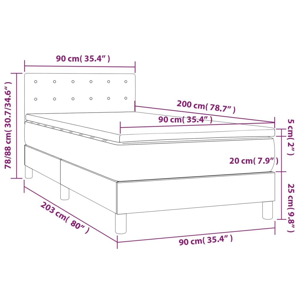 Pat cu arcuri, saltea și LED, gri închis, 90x200 cm, textil