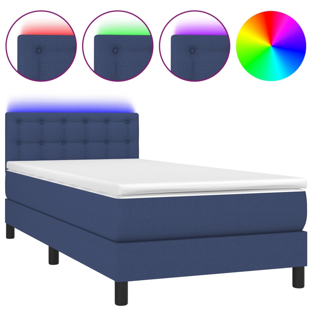 kék szövet rugós és LED-es ágy matraccal 100x200 cm