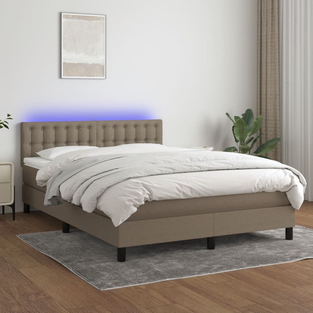 vidaXL Pat cu arcuri, saltea și LED, gri taupe, 140x190 cm, textil