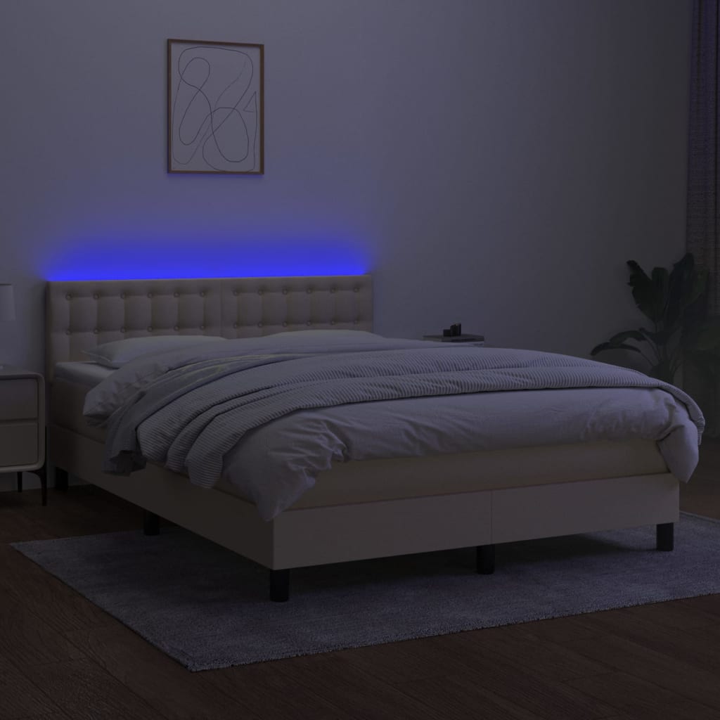 Box spring postelja z vzmetnico LED krem 140x190 cm blago