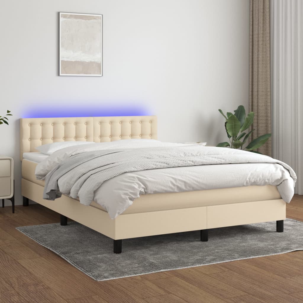 krémszínű szövet rugós és LED-es ágy matraccal 140x200 cm