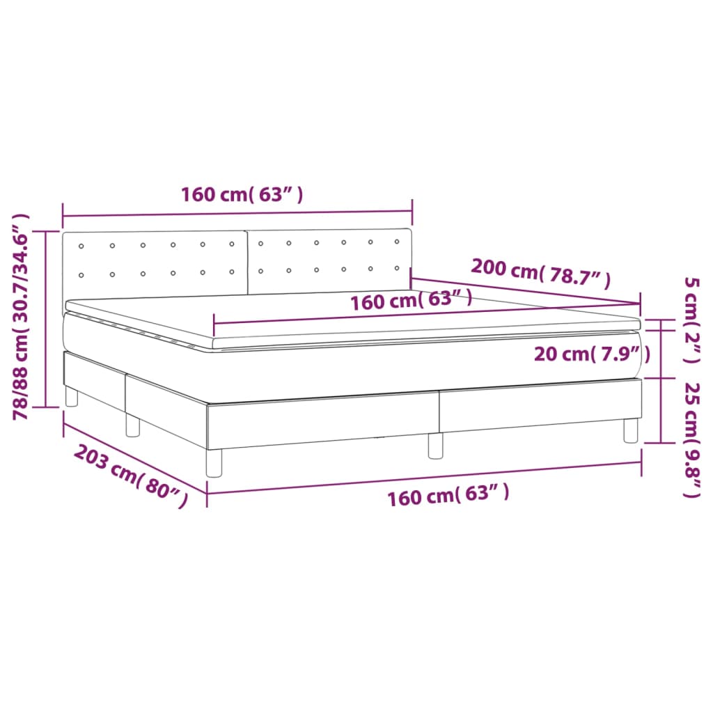 Box spring postel s matrací a LED tmavě šedá 160x200 cm textil