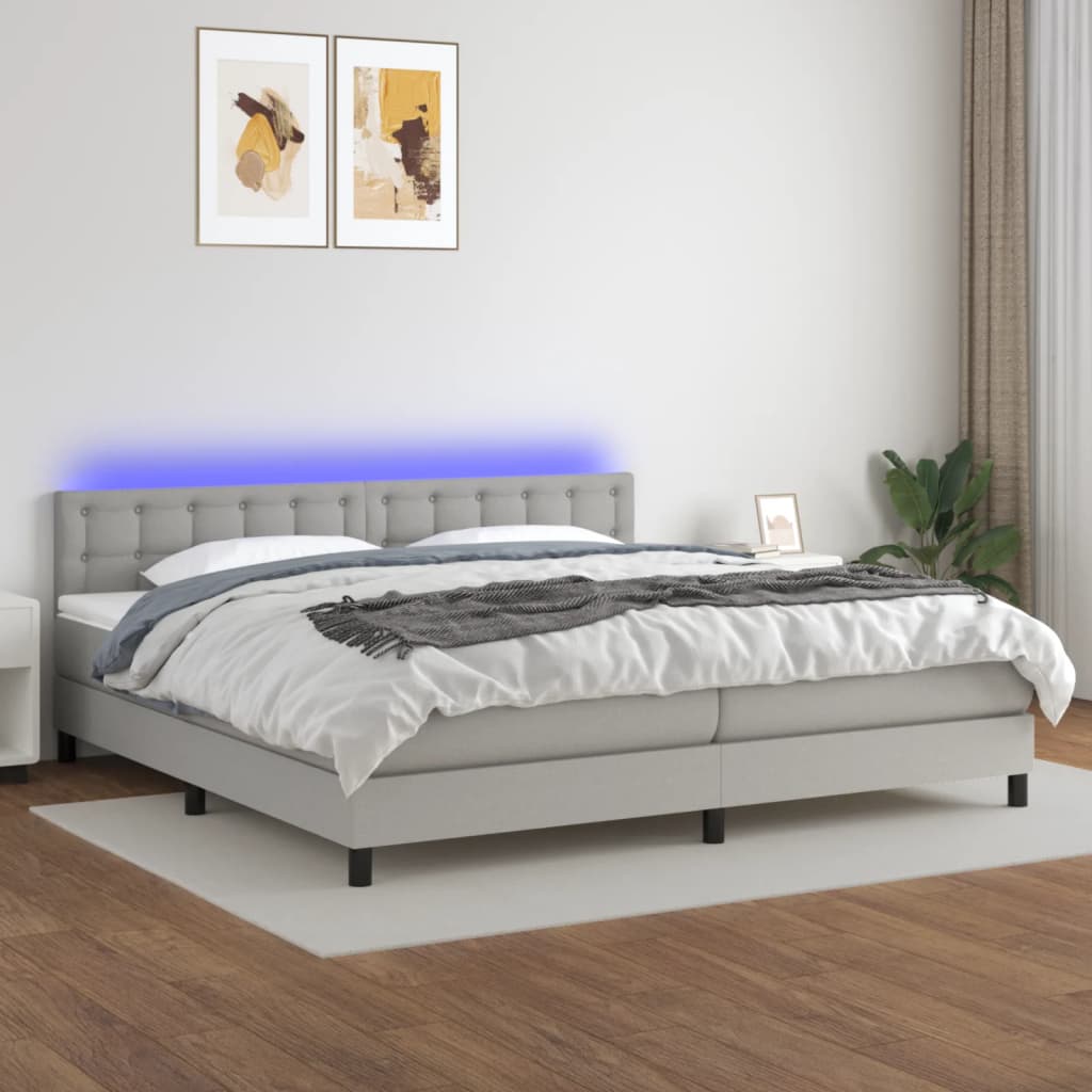 Box spring postel s matrací a LED světle šedá 200x200 cm textil