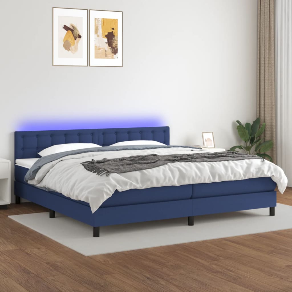 Box spring postel s matrací a LED modrá 200x200 cm textil